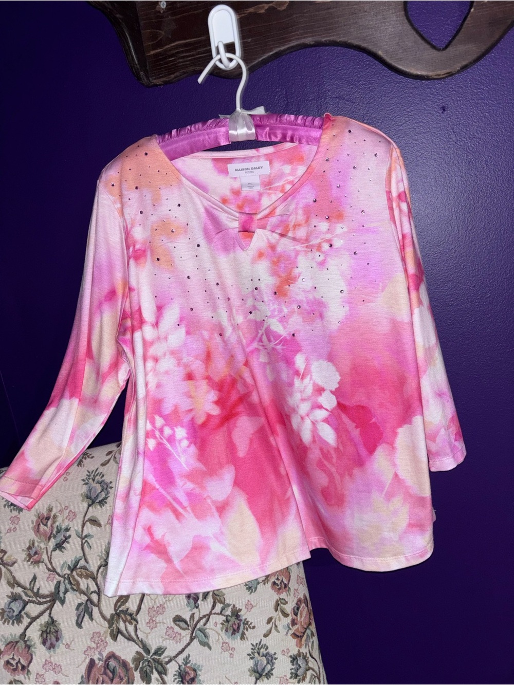 Allison Daley Pink Floral Tie-Dye V-Neck Long Sleeve Top with Rhinestones